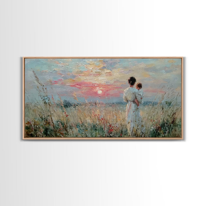 Mother And Child Sunset Seascape Canvas Print, Impressionist Coastal Wall Art, Romantic Bedroom Decor, Nursery Gift For Her