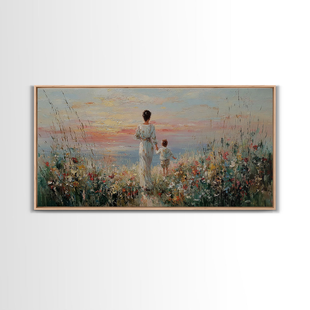 Mother And Child Ocean Meadow Wall Art, Impressionist Wildflower Seascape, Coastal Nursery Decor, Framed Canvas Print, Gift For Her