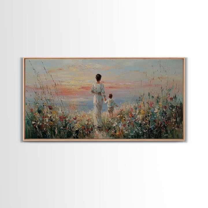 Mother And Child Ocean Meadow Wall Art, Impressionist Wildflower Seascape, Coastal Nursery Decor, Framed Canvas Print, Gift For Her