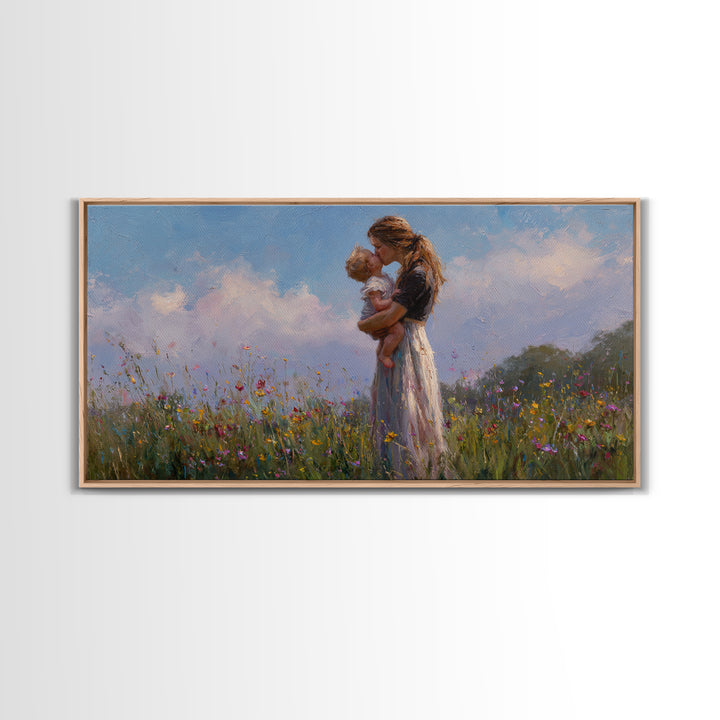 Mother Holding Baby In Wildflower Meadow Wall Art, Impressionist Canvas Print, Nursery Decor, Gift For Mom, Bedroom Decor