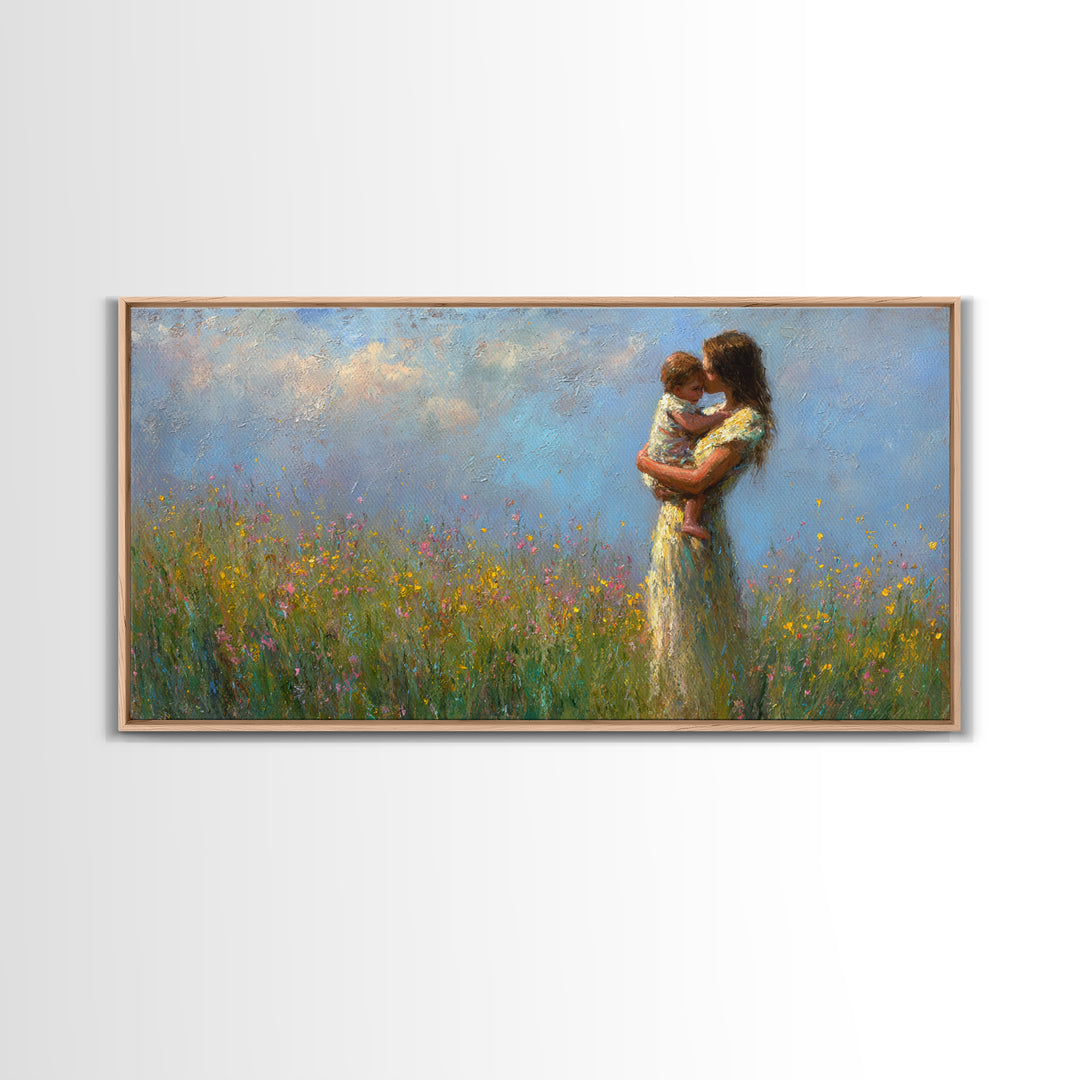 Mother And Child Embraced In Flower Field Wall Art, Impressionist Canvas Print, Floral Nursery Decor, Housewarming Gift, Gift For Mom