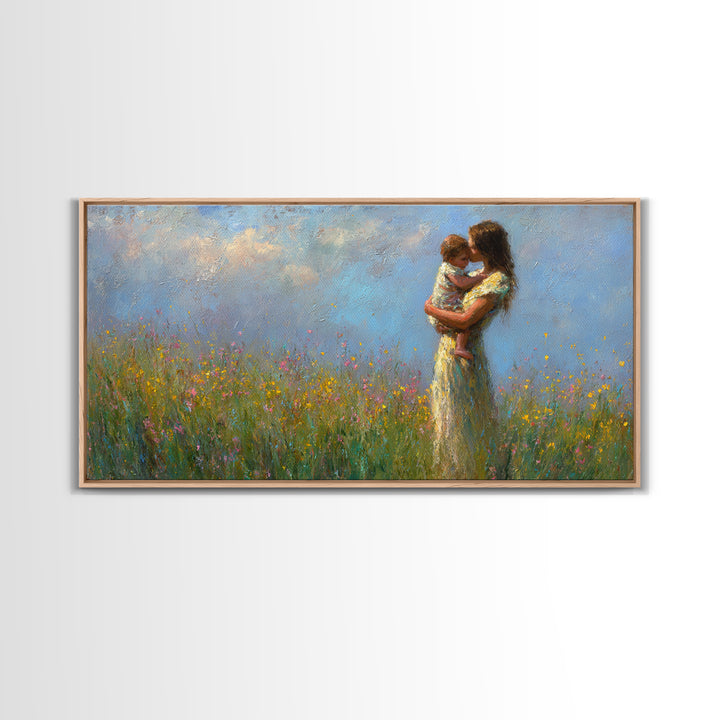 Mother And Child Embraced In Flower Field Wall Art, Impressionist Canvas Print, Floral Nursery Decor, Housewarming Gift, Gift For Mom