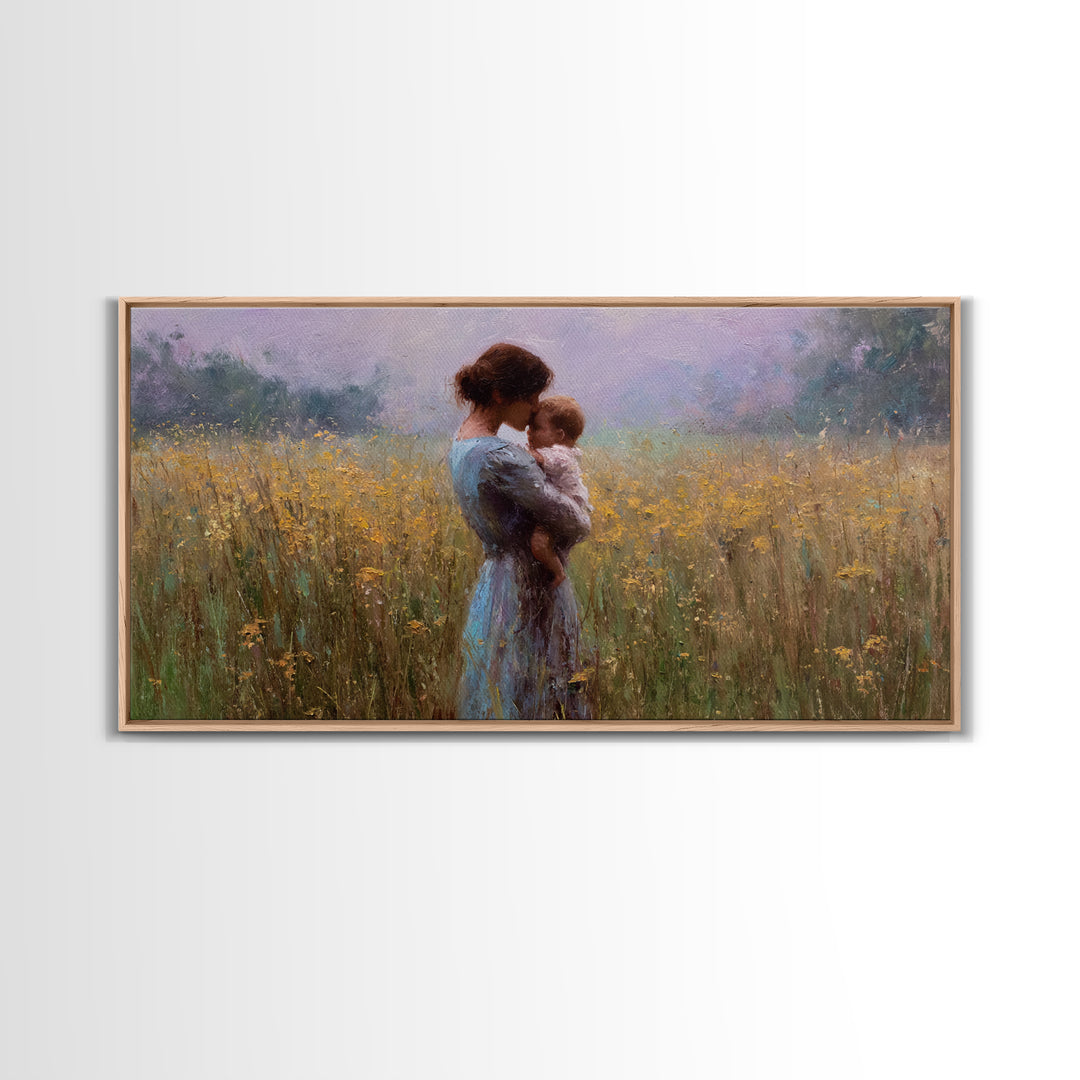 Mother Cuddling Baby In Golden Meadow Wall Art, Impressionist Canvas Print, Neutral Nursery Decor, Gift For Her, Living Room Decor