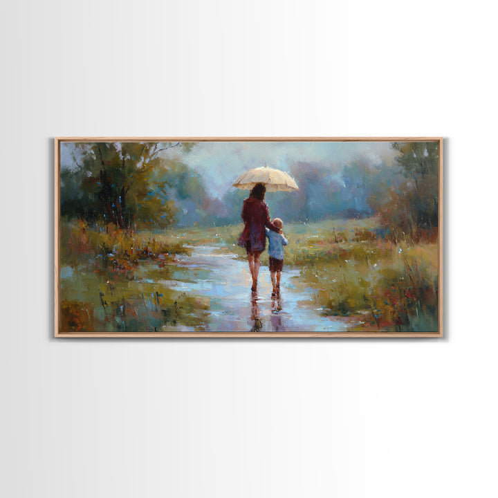 Mother And Child Walking In Rain With Umbrella Wall Art, Impressionist Canvas Print, Cozy Nursery Decor, Housewarming Gift