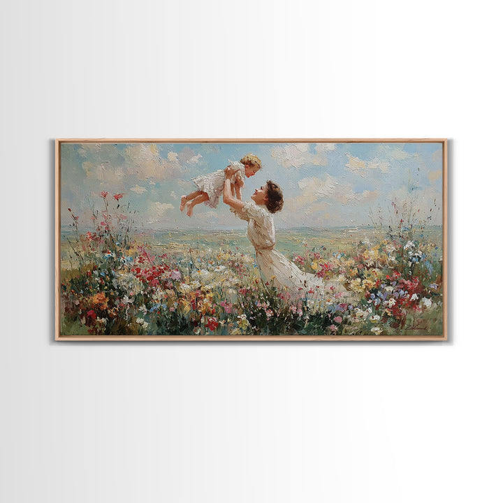 Mother Lifting Baby By Coastal Wildflower Meadow Wall Art, Impressionist Framed Canvas Print, Beach House Decor, Gift For Mom