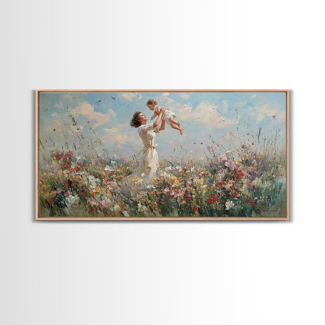 Mother Lifting Baby In Wildflower Meadow Wall Art, Impressionist Canvas Print, Floral Nursery Decor, Gift For Mom, Home Decor
