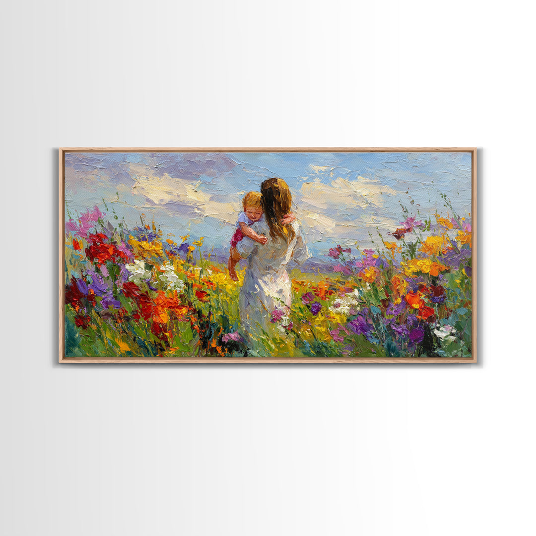 Woman Holding Baby In Vibrant Wildflower Meadow Framed Canvas Print, Mothers Day Gift, Floral Wall Art, Nursery Decor, Living Room Decor