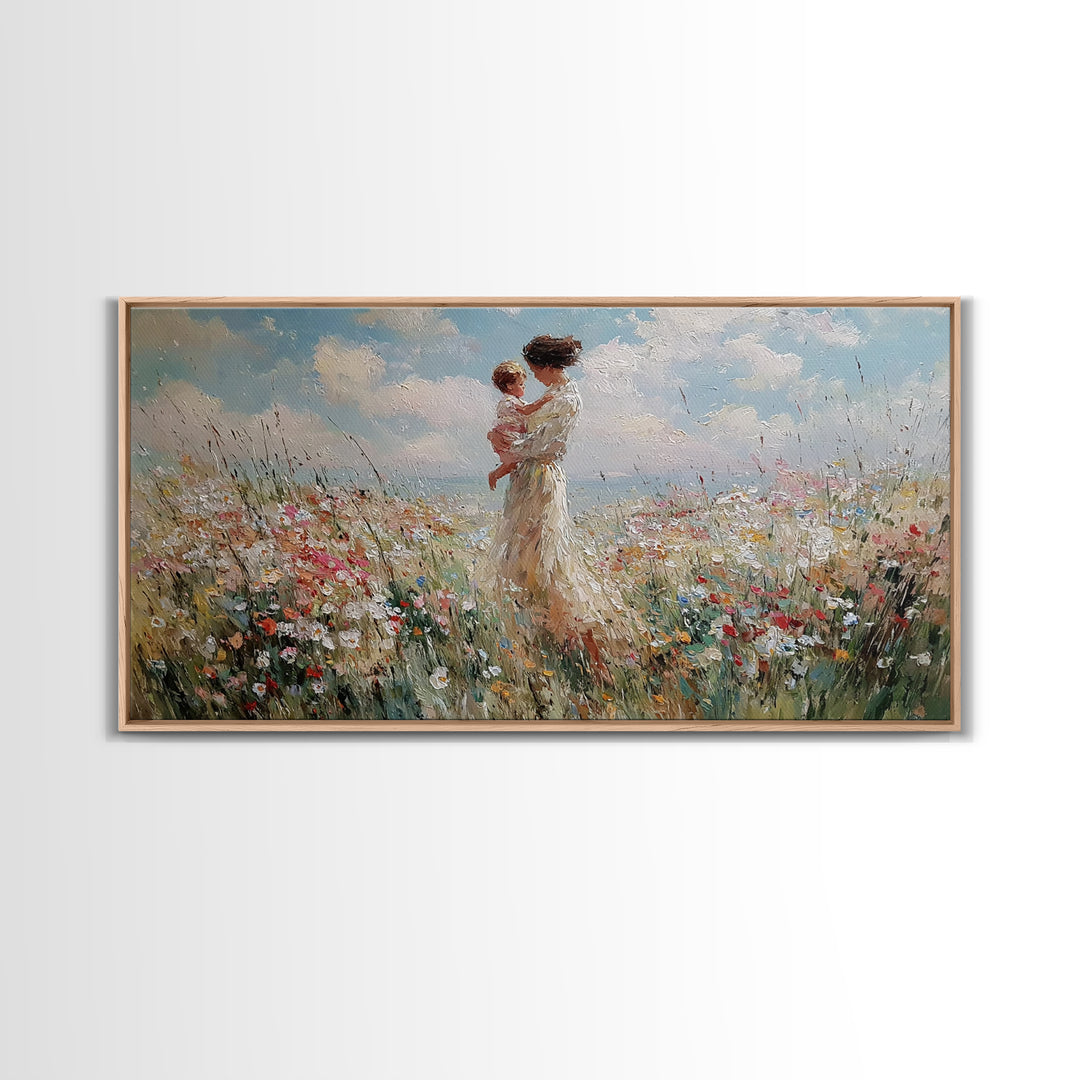 Mother And Baby In Soft Coastal Wildflower Field Canvas Print, Serene Floral Wall Art, Gift For Her, Bedroom Decor, Large Wall Art