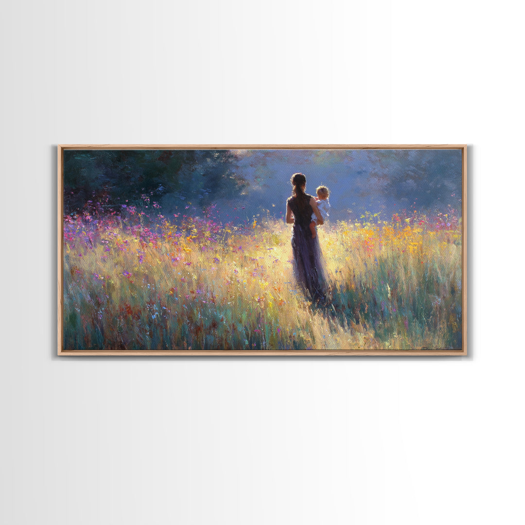 Backlit Mother Holding Baby In Glowing Wildflower Meadow Canvas Print, Moody Wall Art, Floral Wall Decor, Gift For Her, Large Wall Art