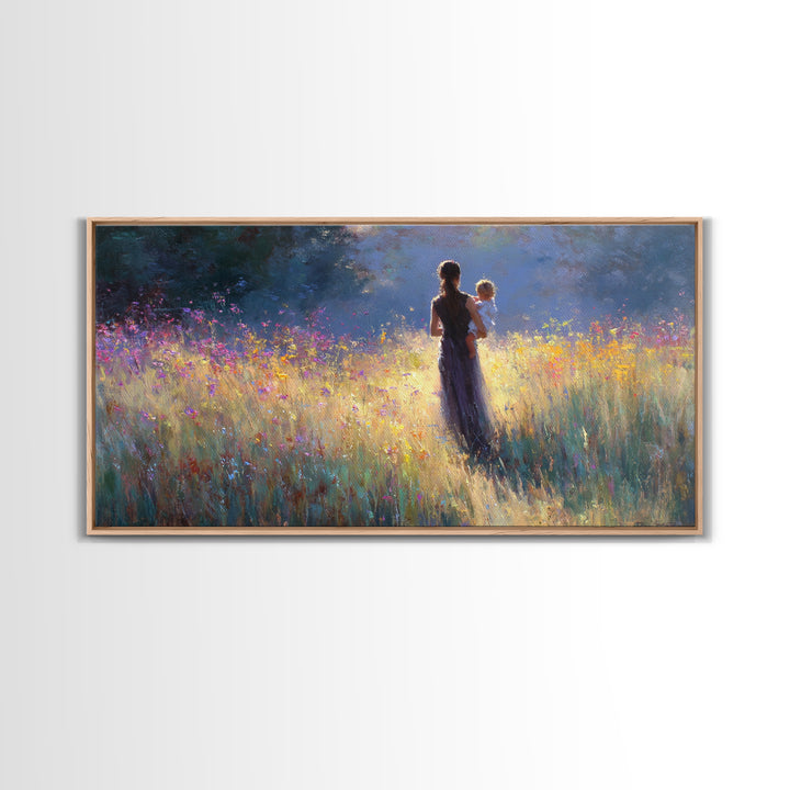 Backlit Mother Holding Baby In Glowing Wildflower Meadow Canvas Print, Moody Wall Art, Floral Wall Decor, Gift For Her, Large Wall Art