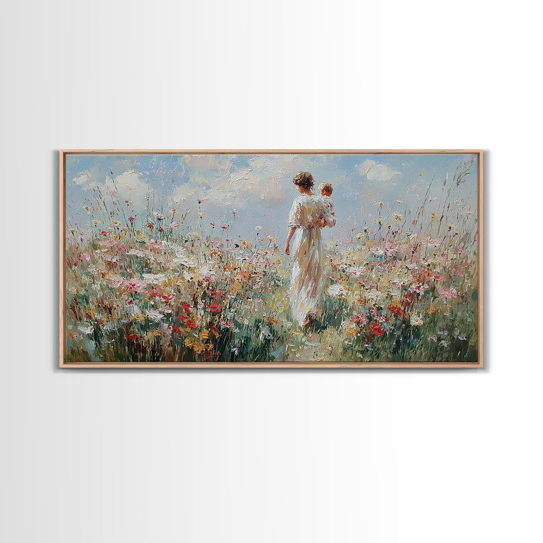 Mother And Baby Amid White Daisies And Red Poppies Framed Canvas Print, Floral Wall Art, Nursery Decor, Gift For Her, Living Room Decor