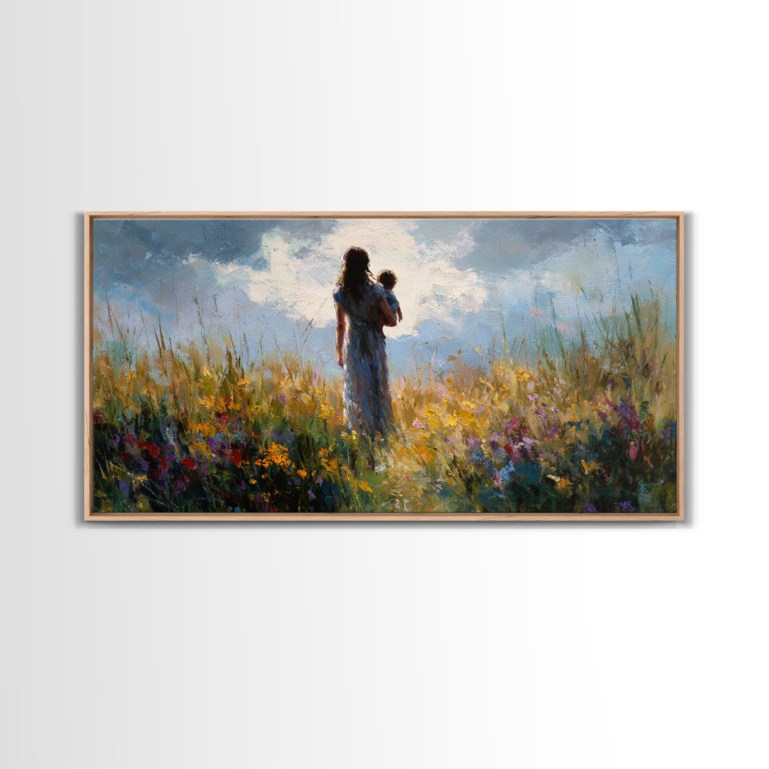 Mother And Baby In Windswept Summer Wildflower Field Canvas Print, Floral Wall Art, Gift For Her, Calming Bedroom Decor, Nursery Wall Art