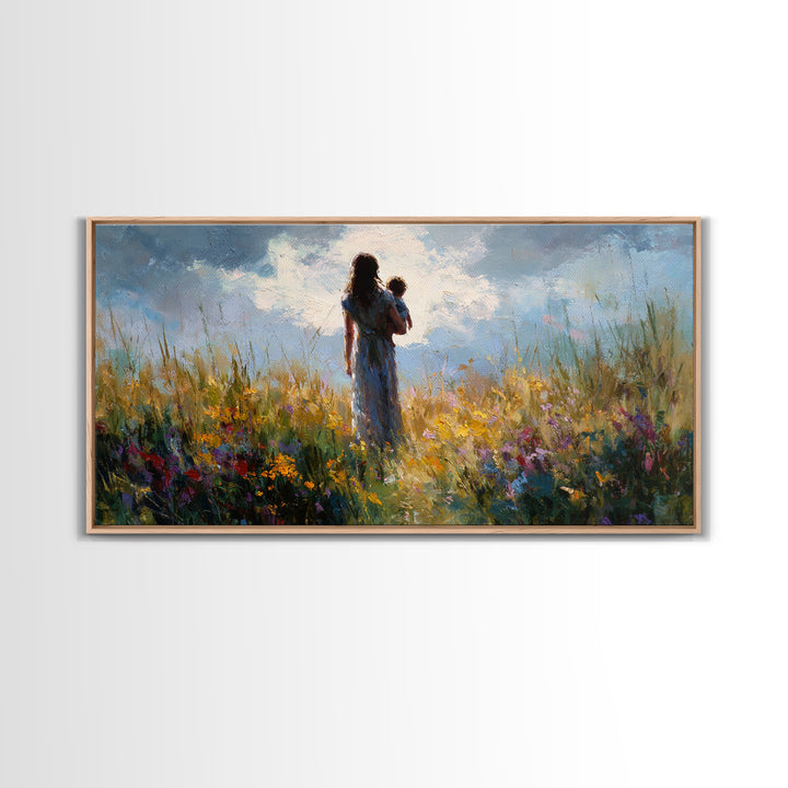Mother And Baby In Windswept Summer Wildflower Field Canvas Print, Floral Wall Art, Gift For Her, Calming Bedroom Decor, Nursery Wall Art