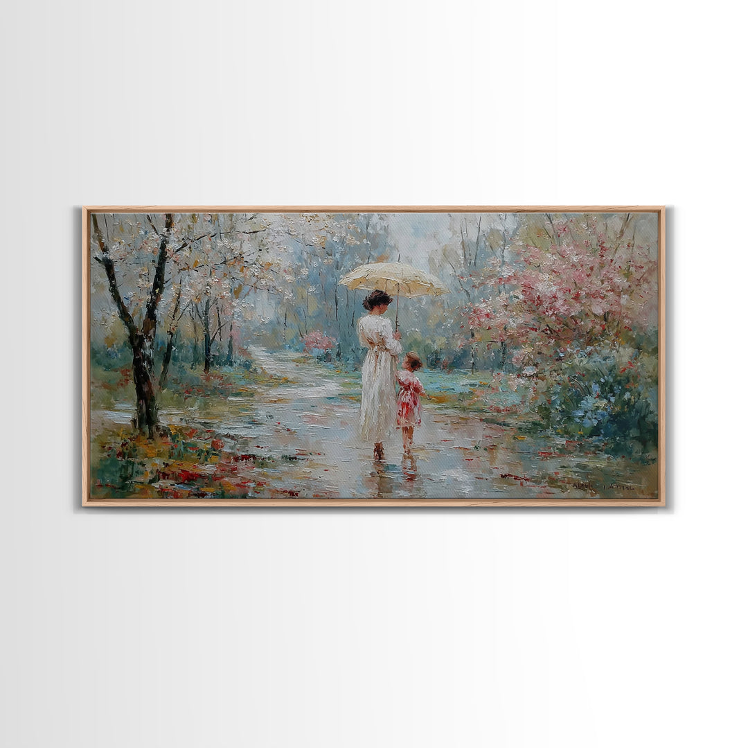 Mother And Child Walking Under Umbrella In Rainy Spring Garden Wall Art, Impressionist Painting, Gift For Her, Nursery Decor