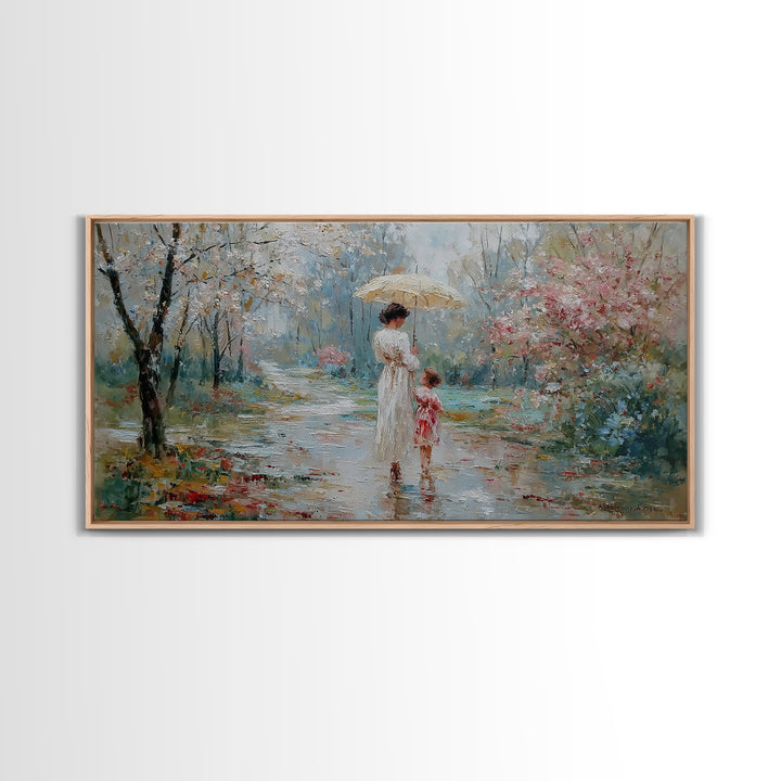 Mother And Child Walking Under Umbrella In Rainy Spring Garden Wall Art, Impressionist Painting, Gift For Her, Nursery Decor