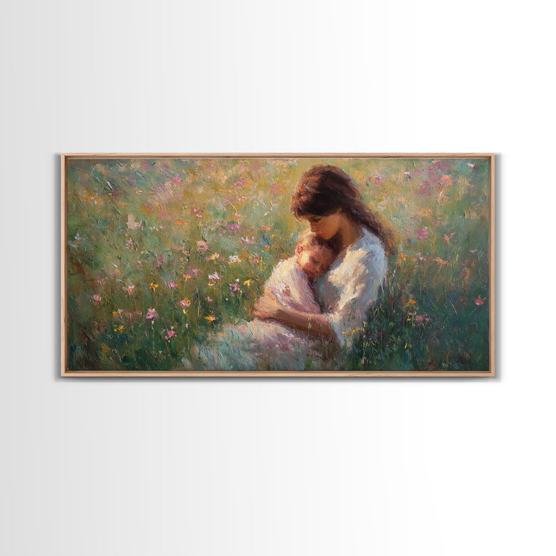 Tender Mother Cuddling Sleeping Baby In Flower Meadow Canvas Print, Feminine Wall Art, Mothers Day Gift, Bedroom Decor, Nursery Decor