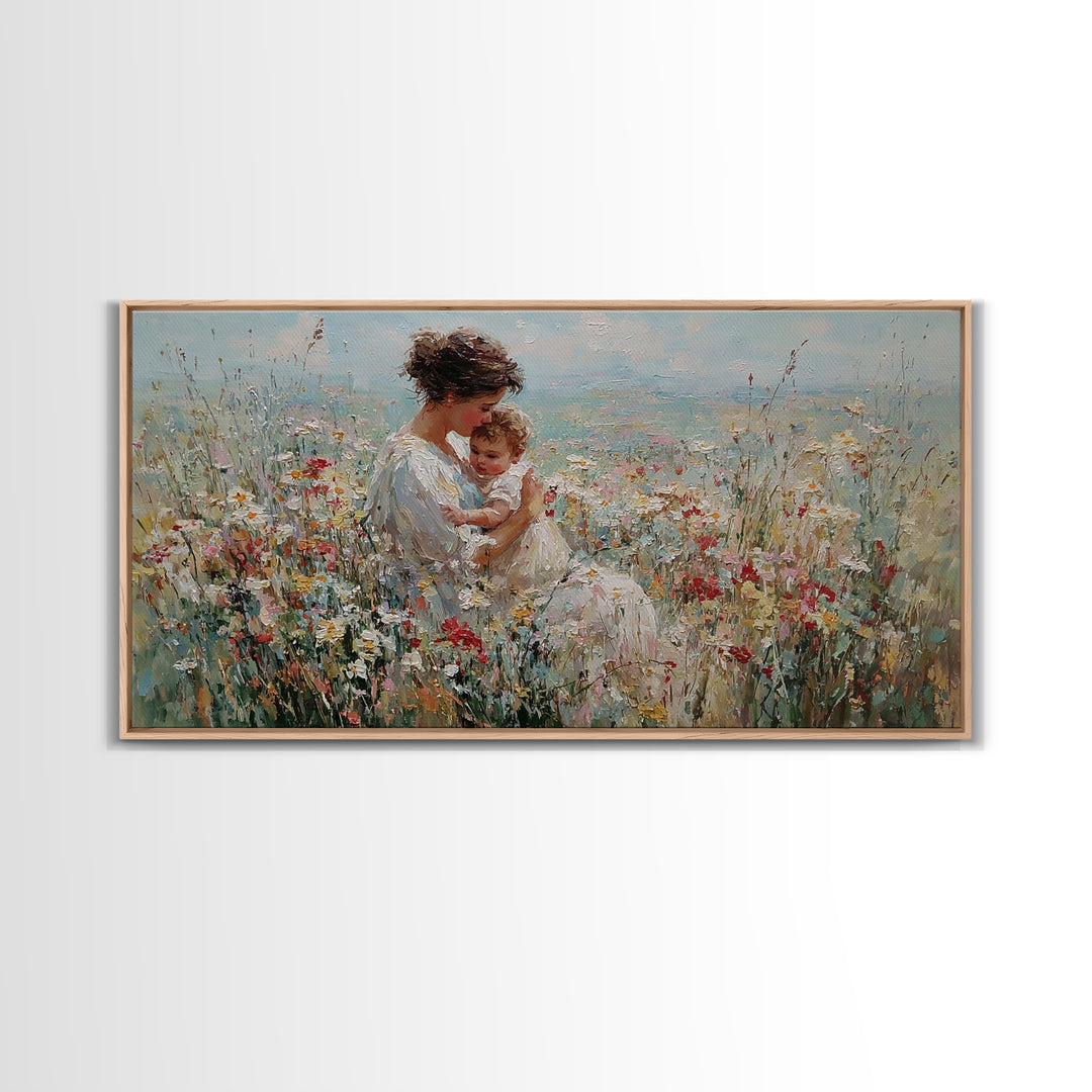 Mother Holding Smiling Baby Among Wildflowers By Sea Canvas Print, Coastal Wall Art, Mothers Day Gift, Living Room Decor