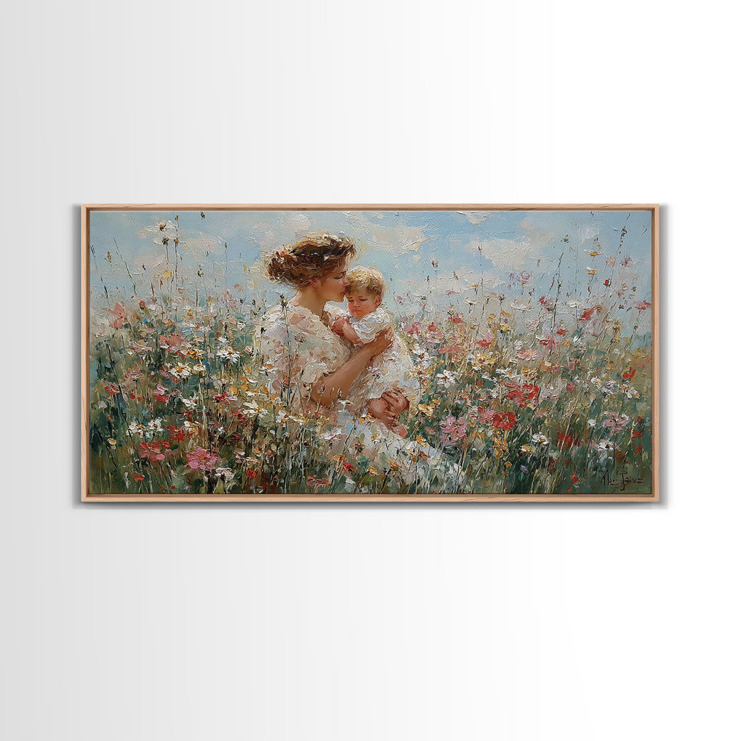 Mother Lifting Baby In Blooming Flower Field Framed Canvas Print, Impressionist Floral Nursery Art, Gift For Mom Home Decor