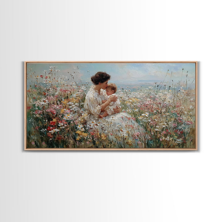 Seated Mother And Child In Coastal Wildflower Meadow Canvas Print, Impressionist Family Wall Art, Nursery Decor Gift For Her