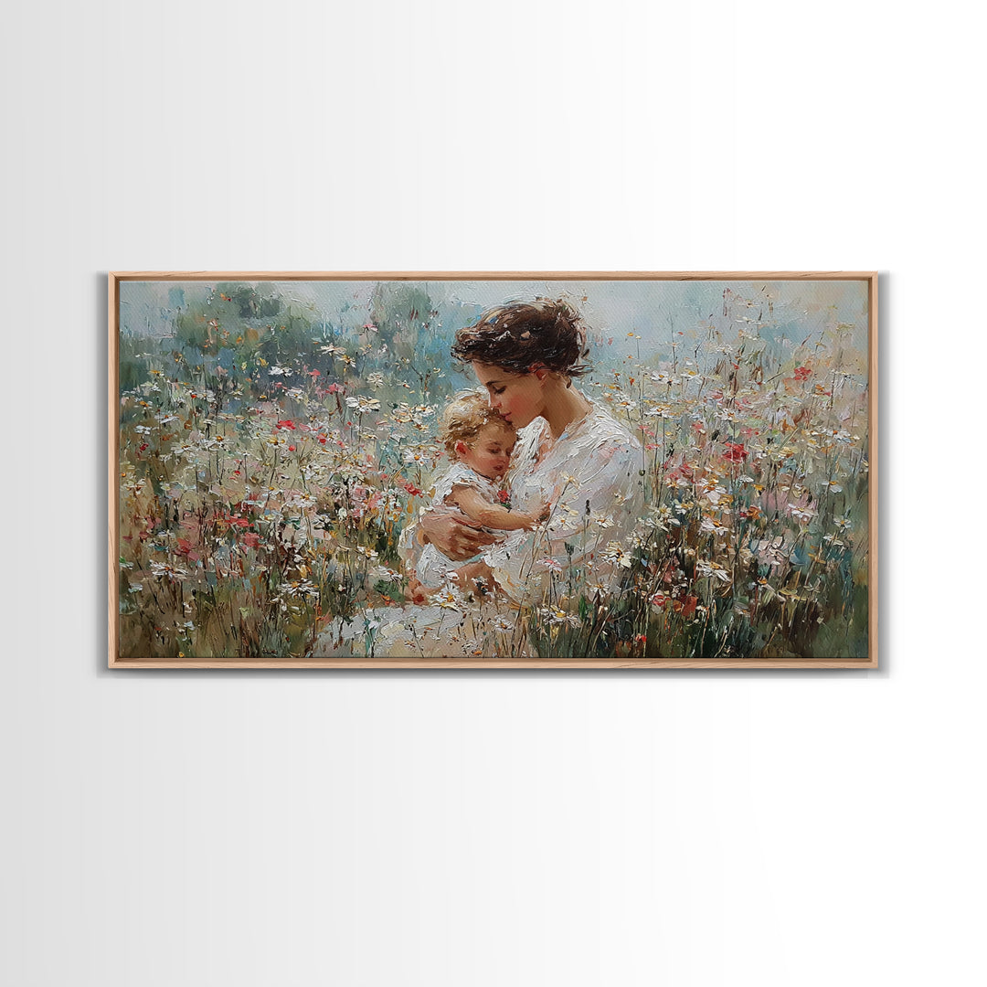 Mother Embracing Child In White Wildflower Meadow Framed Canvas Print, Impressionist Floral Wall Art, Nursery Decor Gift