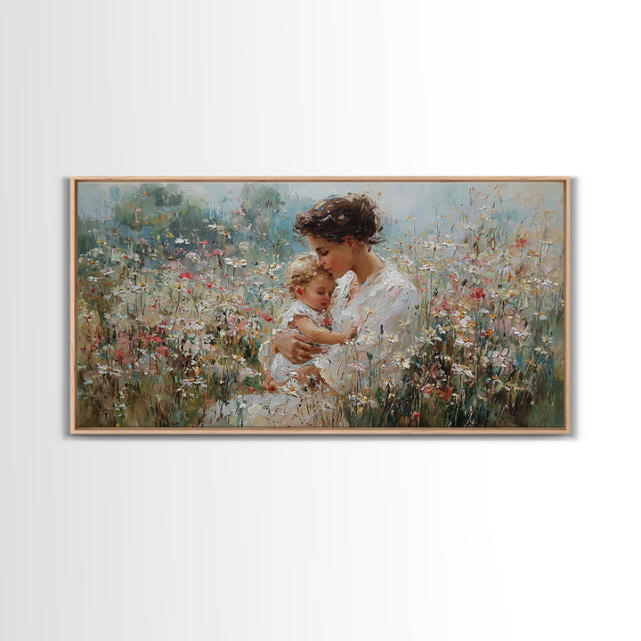 Mother Embracing Child In White Wildflower Meadow Framed Canvas Print, Impressionist Floral Wall Art, Nursery Decor Gift