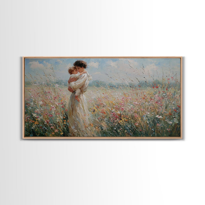 Standing Mother Holding Baby In Windy Wildflower Field Wall Art, Impressionist Landscape Canvas Print, Mothers Day Home Decor