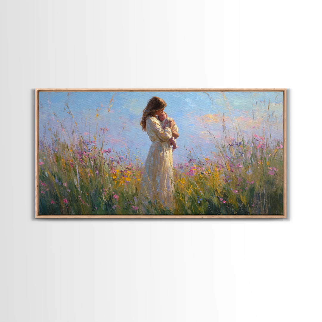 Backlit Mother And Baby In Sunlit Meadow Canvas Print, Impressionist Wildflower Wall Art, Feminine Nursery Decor Gift For Mom