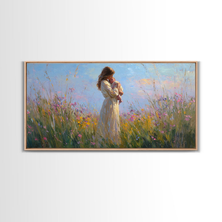 Backlit Mother And Baby In Sunlit Meadow Canvas Print, Impressionist Wildflower Wall Art, Feminine Nursery Decor Gift For Mom