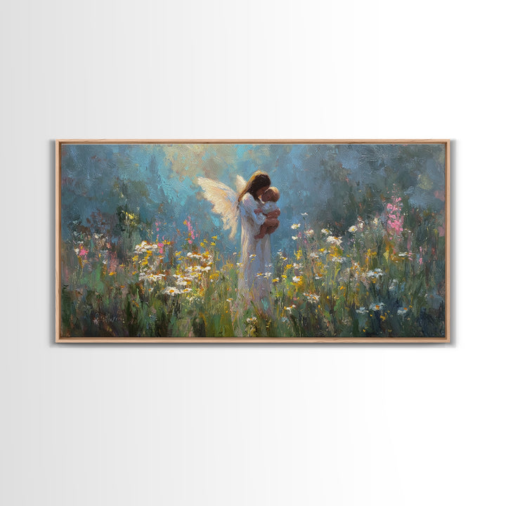 Guardian Angel Holding Baby Canvas Print, Wildflower Meadow Oil Painting, Spiritual Wall Decor, Nursery Art, Gift For Mom
