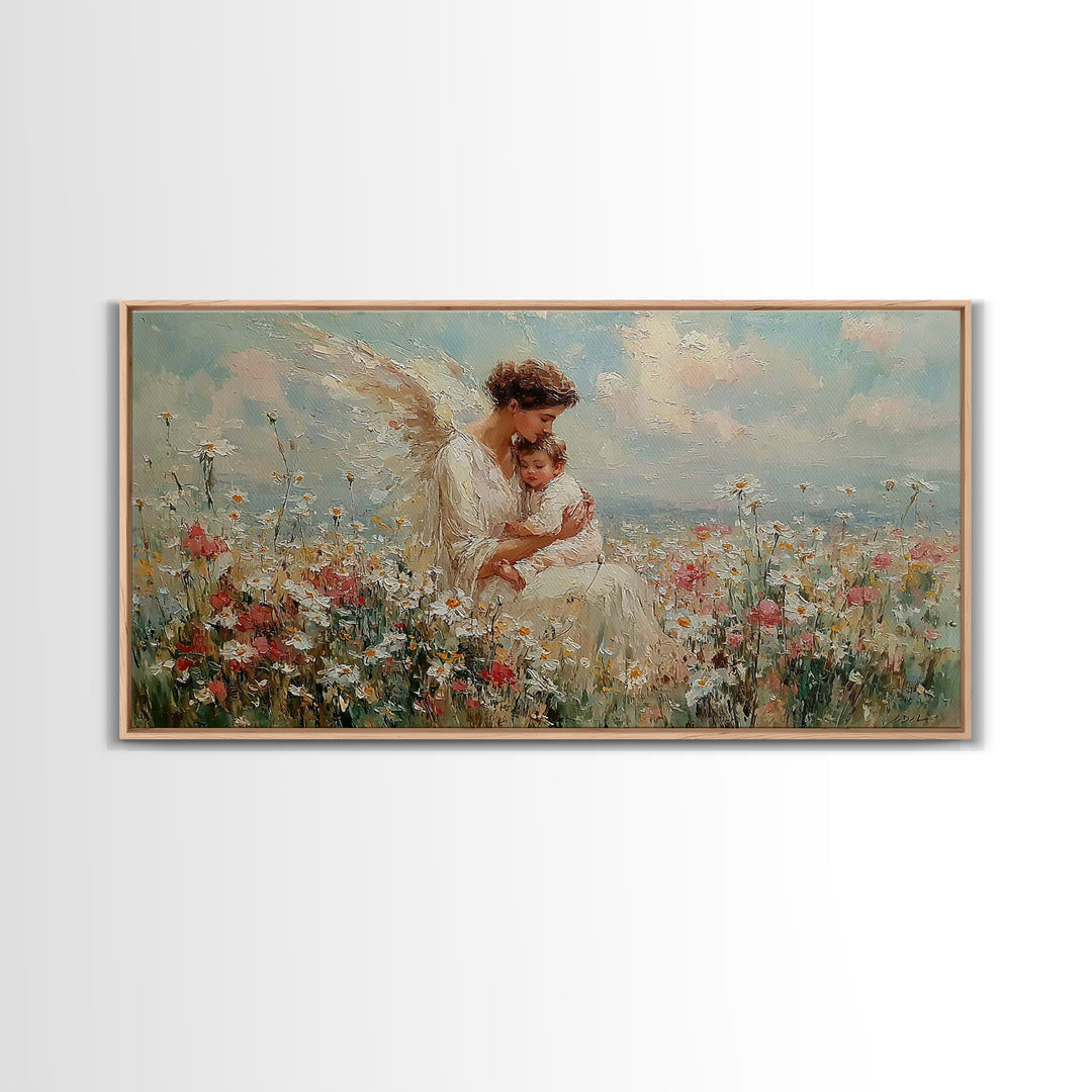 Angel And Baby In Flower Field Framed Canvas Print, Dreamy Christian Wall Art, Wildflower Nursery Decor, Gift For Her, Fine Art