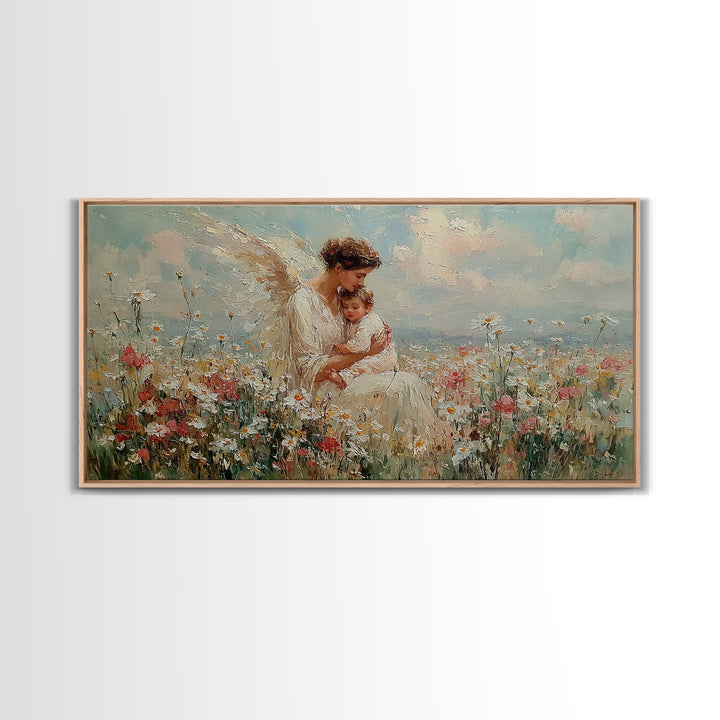 Angel And Baby In Flower Field Framed Canvas Print, Dreamy Christian Wall Art, Wildflower Nursery Decor, Gift For Her, Fine Art