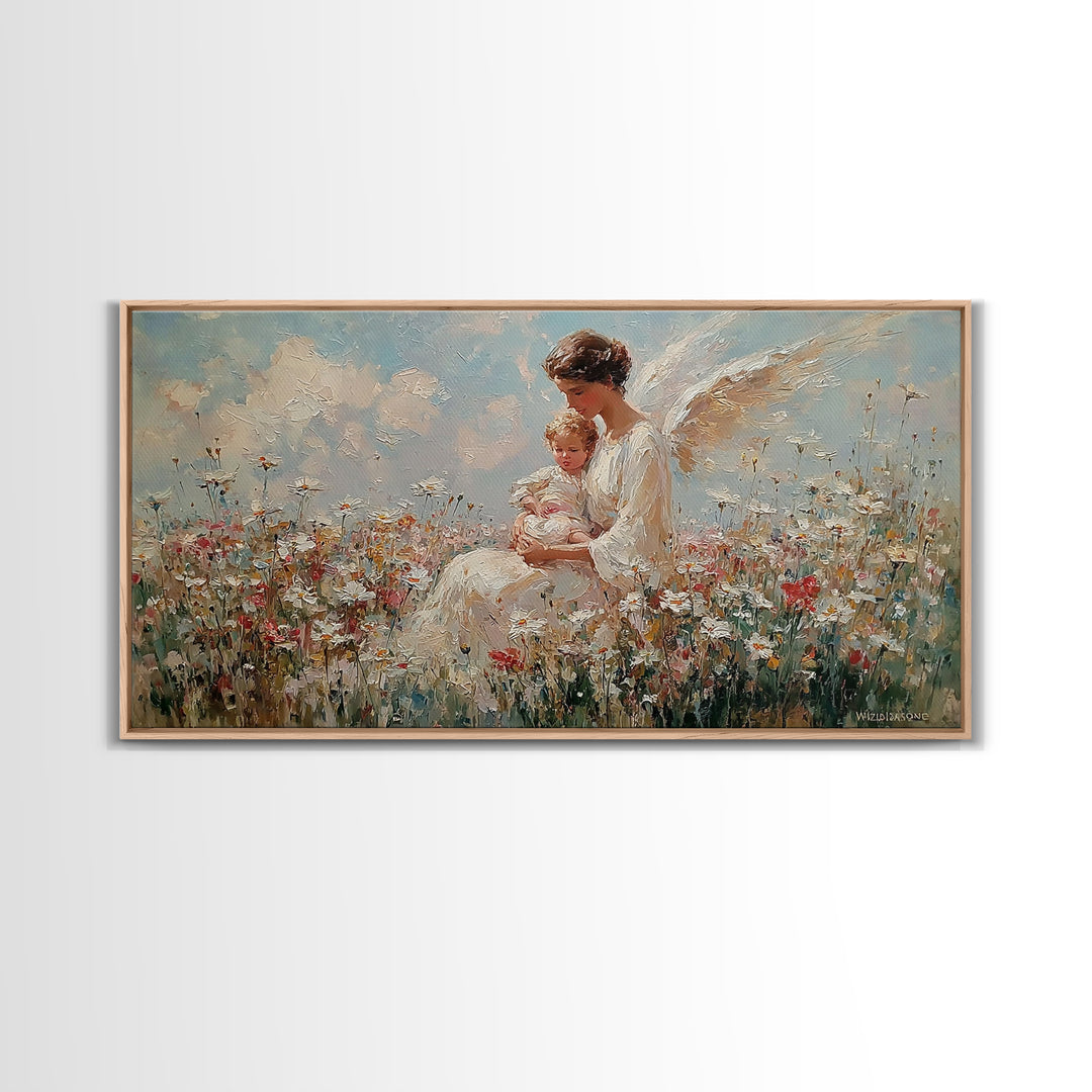 Guardian Angel With Baby Canvas Print, White Wildflower Meadow Painting, Christian Nursery Wall Art, Spiritual Gift For Mom