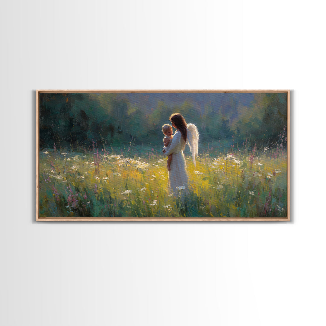 Angel Mother Holding Baby Wall Art, Luminous Meadow Oil Painting, Christian Nursery Decor, Spiritual Wall Decor, Gift For Her