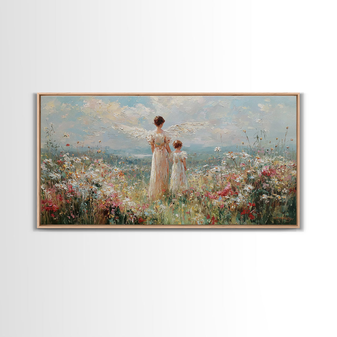 Angel And Child In Wildflower Field Framed Canvas Print, Impressionist Christian Wall Art, Floral Nursery Decor, Gift For Her