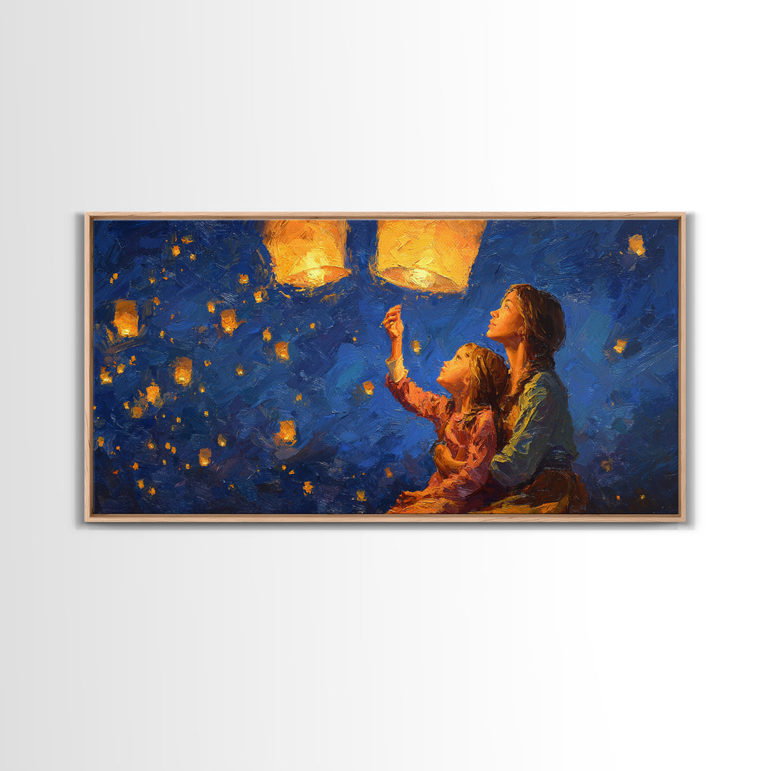 Mother And Child Lantern Festival Canvas Print, Blue Night Sky Painting, Whimsical Wall Art, Family Gift, Cozy Home Decor