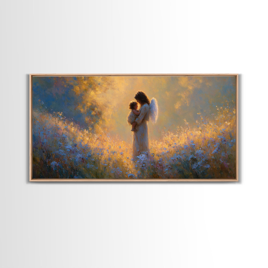Guardian Angel Mother And Child In Golden Wildflower Meadow Wall Art, Christian Nursery Decor, Spiritual Gift For Mom, Home Decor