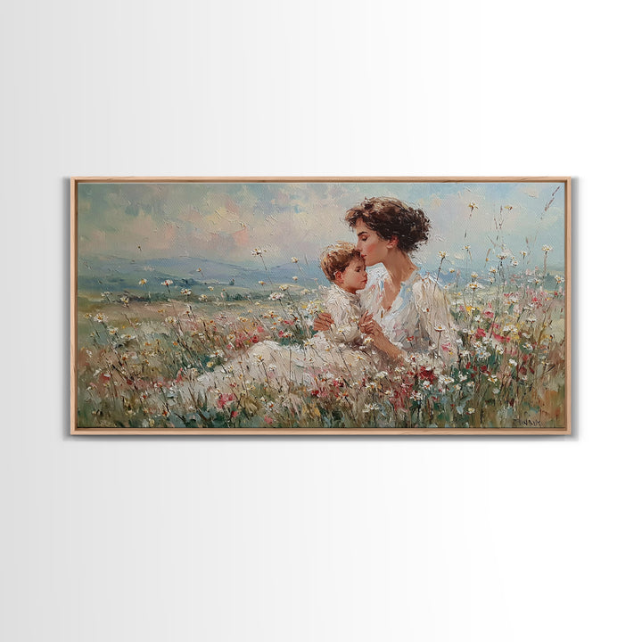 Seated Mother And Child In Soft Wildflower Field Canvas Print, Impressionist Floral Wall Art, Gift For Mom, Living Room Decor