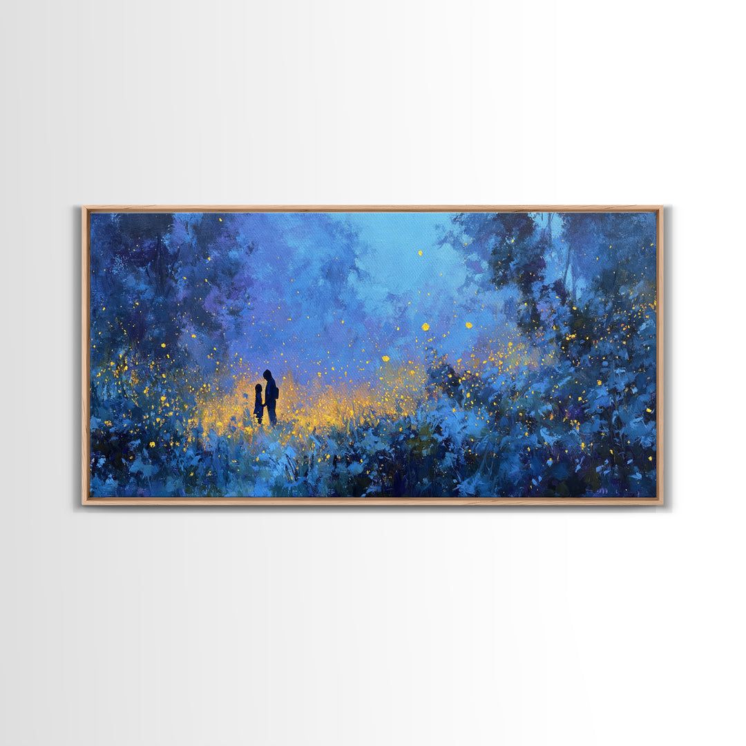 Blue Twilight Mother And Child Firefly Forest Wall Art, Moody Celestial Decor, Fantasy Nursery Print, Gift For Her, Home Decor