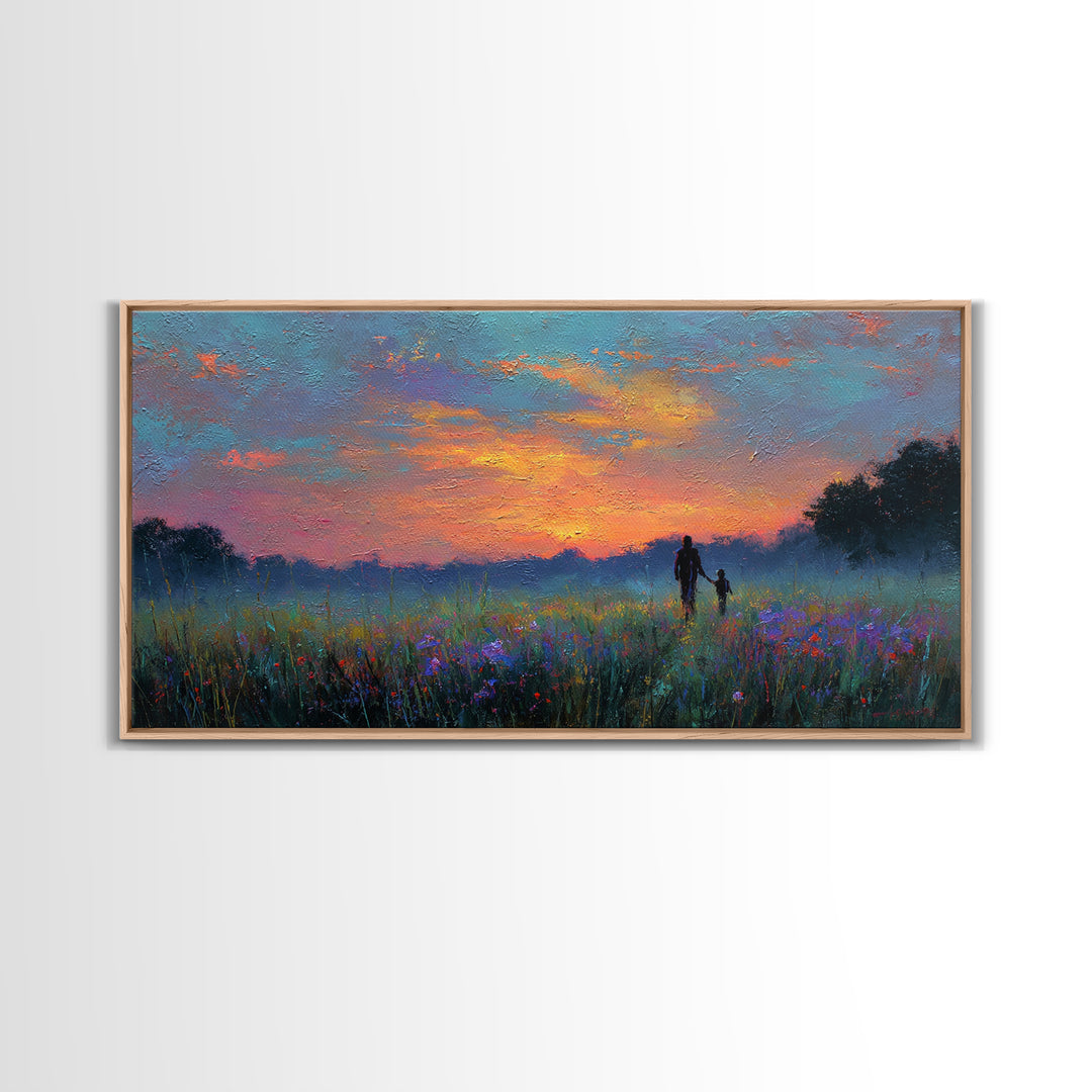 Sunset Meadow Silhouette Framed Canvas Print, Colorful Landscape Wall Art, Mother Child Decor, Living Room Art, Housewarming Gift