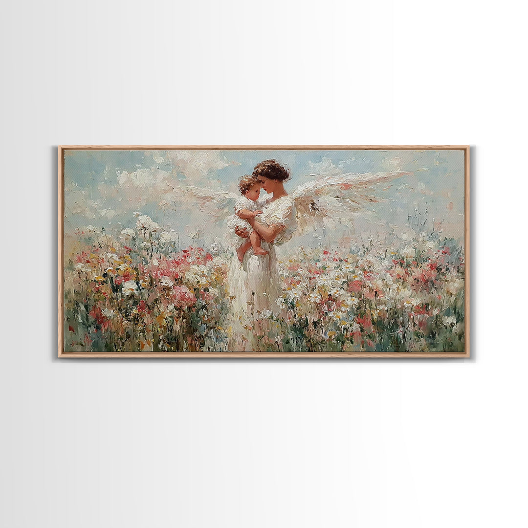 Angel Mother Holding Baby Wall Art, White Wings Wildflower Canvas Print, Spiritual Nursery Decor, Gift For Mom, Christian Wall Art
