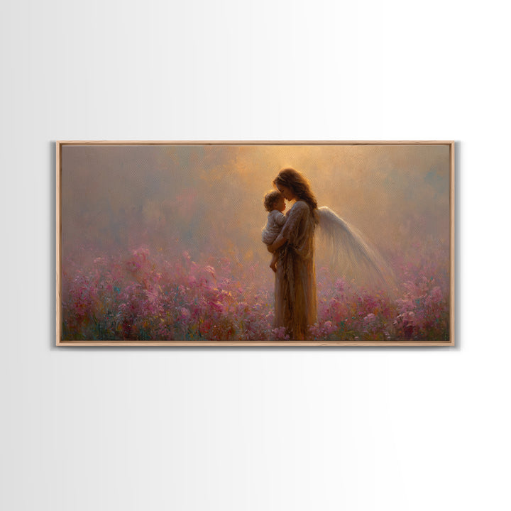 Angel Mother And Child Pink Garden Canvas Print, Ethereal Christian Wall Art, Spiritual Nursery Decor, Gift For Mom, Gift For Her