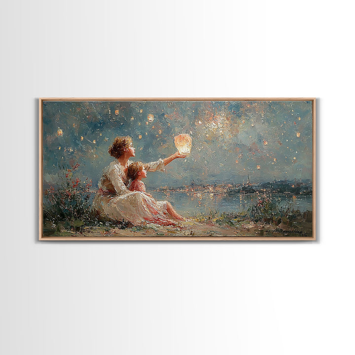 Mother And Child With Lantern By Moonlit Lake Framed Canvas Print, Impressionist Wall Art For Nursery And Coastal Decor Gift