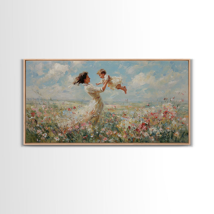 Mother Lifting Baby In Breezy Flower Field Canvas Print, Impressionist Wall Art For Nursery, Bedroom Decor, And Gift For Her