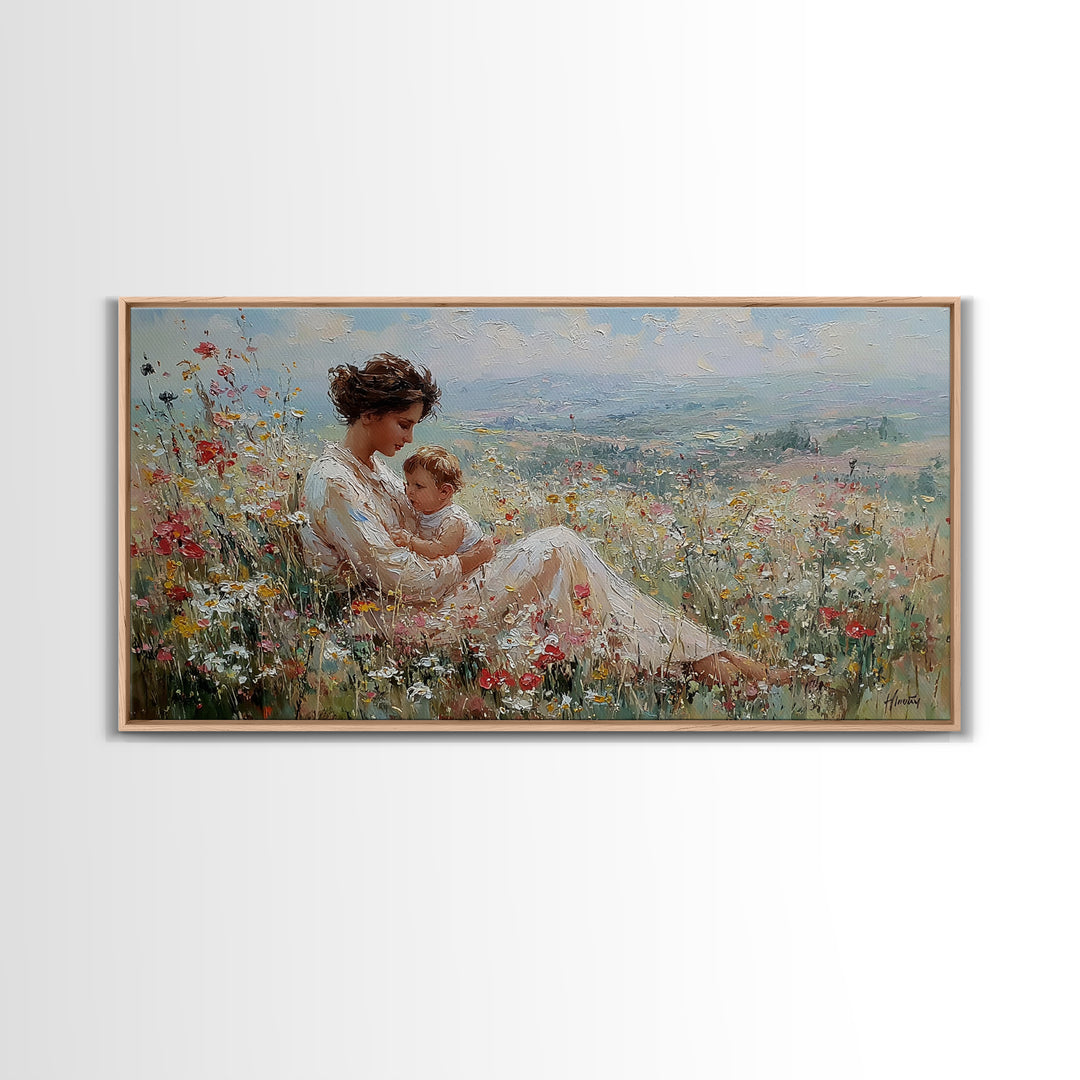 Nursing Mother With Baby In Sunlit Flower Meadow Wall Art, Impressionist Canvas Print For Nursery Decor And Housewarming Gift
