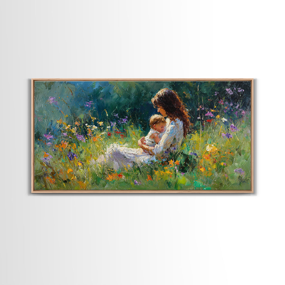 Mother Nursing Baby In Shaded Garden Wildflowers Canvas Print, Impressionist Wall Art For Nursery Decor And Nature Lover Gift