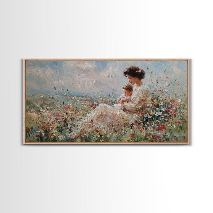 Seated Mother Nursing Baby In Meadow Wildflowers Framed Canvas Print, Impressionist Wall Art For Nursery And Bedroom Decor