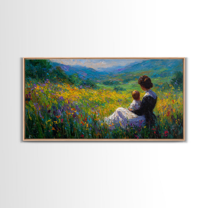 Mother And Child In Wildflower Mountain Meadow Wall Art, Impressionist Landscape, Nursery Decor, Gift For Mom, Living Room Decor