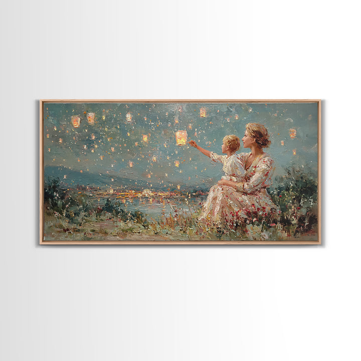 Mother And Child Sky Lanterns Over Lake Wall Art, Dreamy Night Landscape, Romantic Decor, Gift For Mom, Bedroom Wall Art