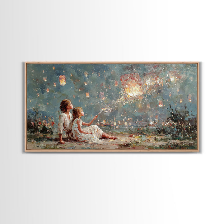 Children Launching Glowing Sky Lanterns Canvas Print, Magical Lake Wall Art, Whimsical Decor, Nursery Art, Gift For Her, Bedroom Decor