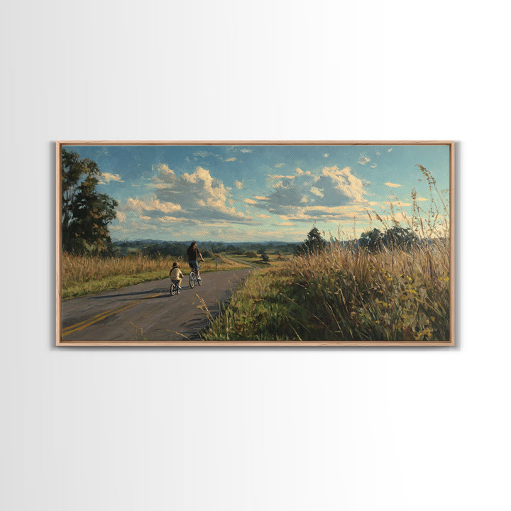 Country Road Bike Ride With Child, Golden Meadow Landscape Wall Art, Family Home Decor, Living Room Art, Housewarming Gift